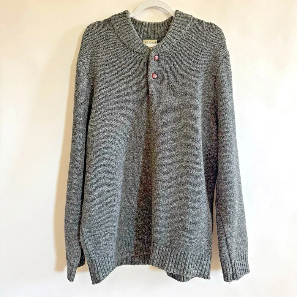L.L. Bean Vintage Mens Lambswool Henley‎ Sweater XL Gray Thick Fisherman
